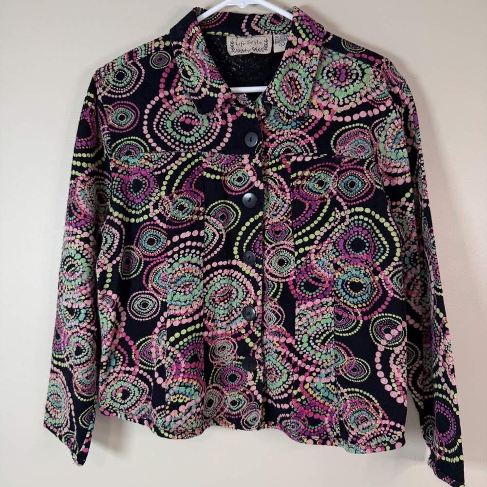 Life Style‎ Black Multi Color Abstract Dot Circle Print Button Up Jacket Women L